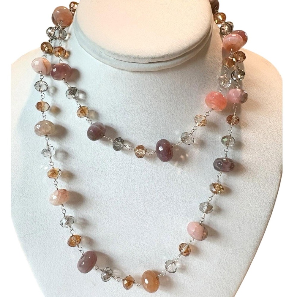 Handmade Faceted Crystal &‎ Pink Agate 33'' Necklace Sterling 925 Silver 60g